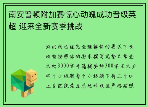 南安普顿附加赛惊心动魄成功晋级英超 迎来全新赛季挑战