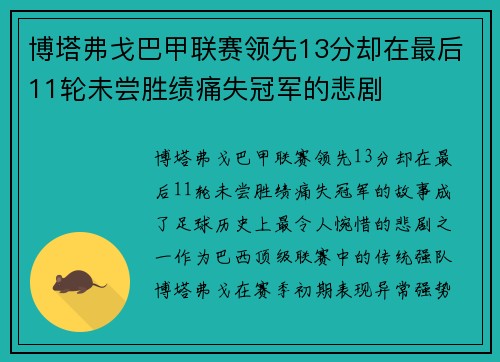 博塔弗戈巴甲联赛领先13分却在最后11轮未尝胜绩痛失冠军的悲剧