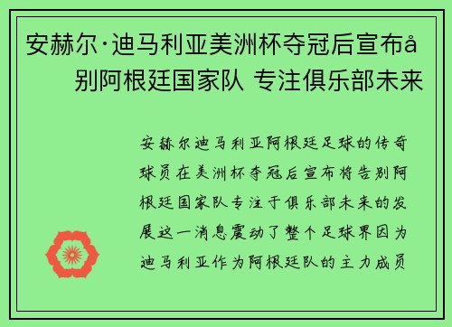 安赫尔·迪马利亚美洲杯夺冠后宣布告别阿根廷国家队 专注俱乐部未来